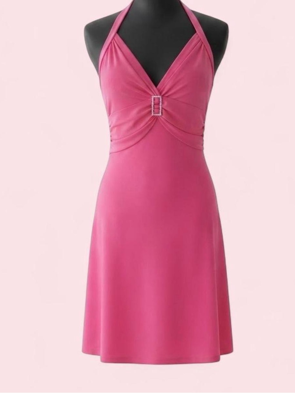 Vintage 2000s Thea Dora Hot Pink Rhinestone Halter Dress Sz 8